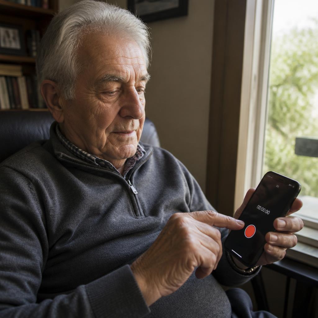 Older man pressing record to preserve family memories and record life stories with Linna Cares.