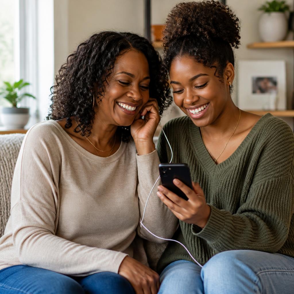 Mother and daughter listening together to preserved family memories saved in Linna Cares.