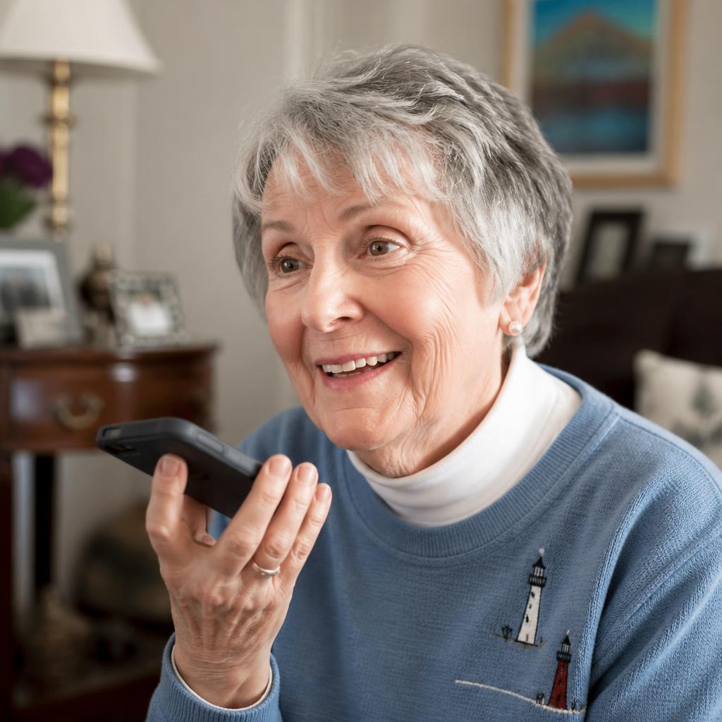 Senior woman sharing a life story into her phone for family story preservation with Linna Cares.